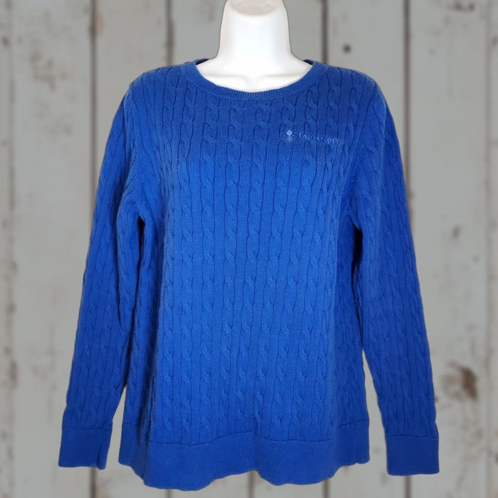 Lands' End Lands' End Sweater Blue Cable-Knit Long Sleeve Shirt Womens Size L Farm Credit Logo Embroidered Pullover Casual Knit Cotton Blend Regular Size L / US 10 / IT 46 - 1 Thumbnail