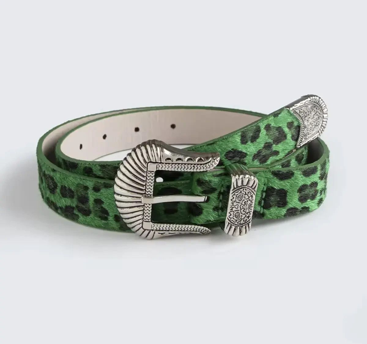 Japanese Brand Green Leopard Print Western PU Leather Belt Size ONE SIZE - 2 Thumbnail