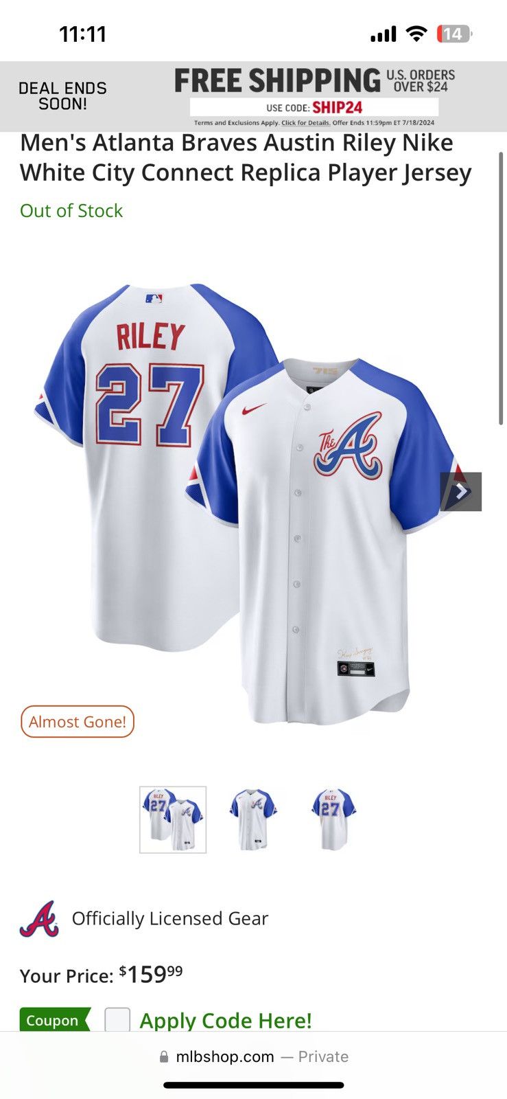 Nike Austin Riley Atlanta Braves MLB City Connect Jersey Size US XL / EU 56 / 4 - 7 Thumbnail