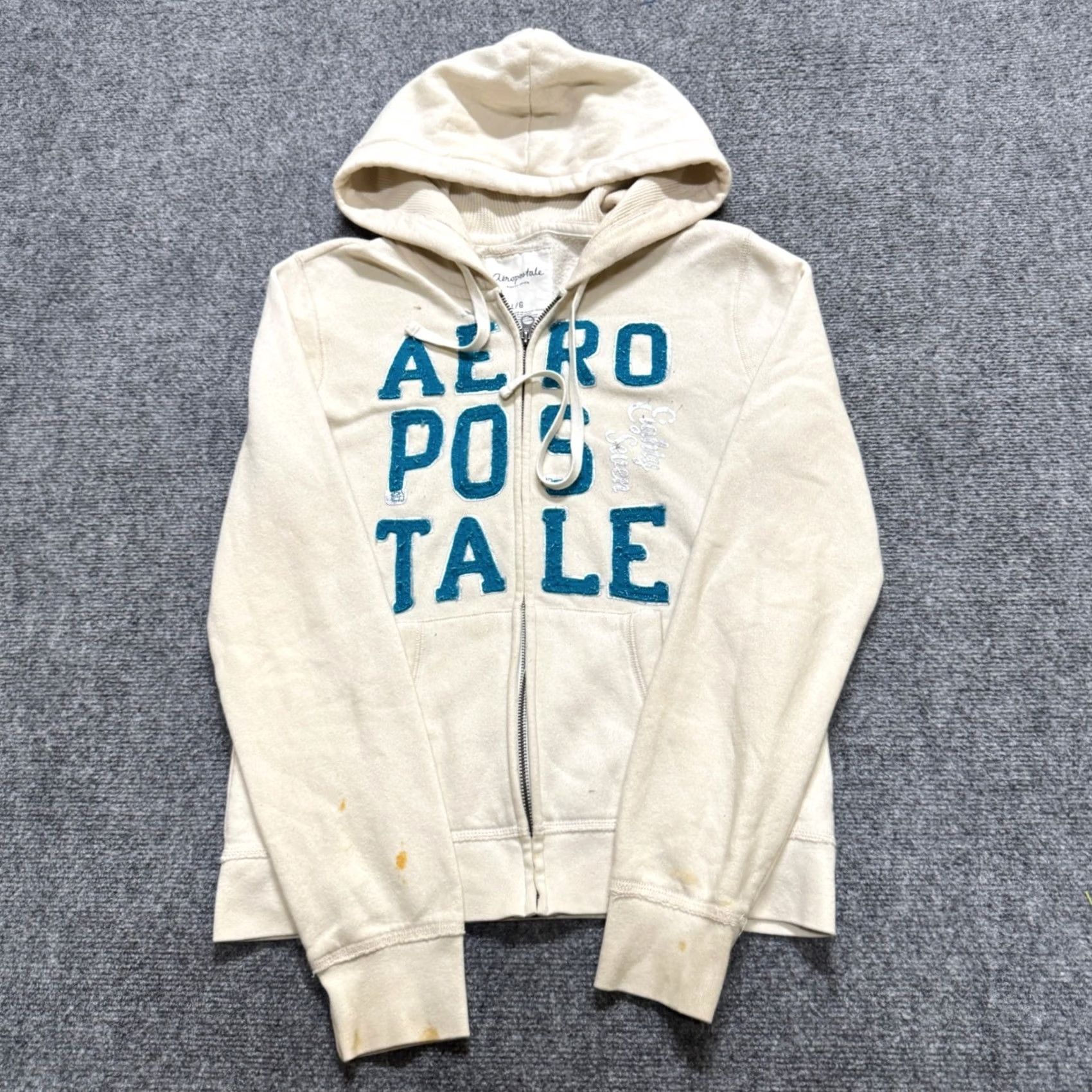 Aeropostale VINTAGE Aeropostale Jacket Womens L Beige Fullzip Hooded Embroidered Distressed White Blue Stained Casual 90s Womens Size L / US 10 / IT 46 - 5 Thumbnail