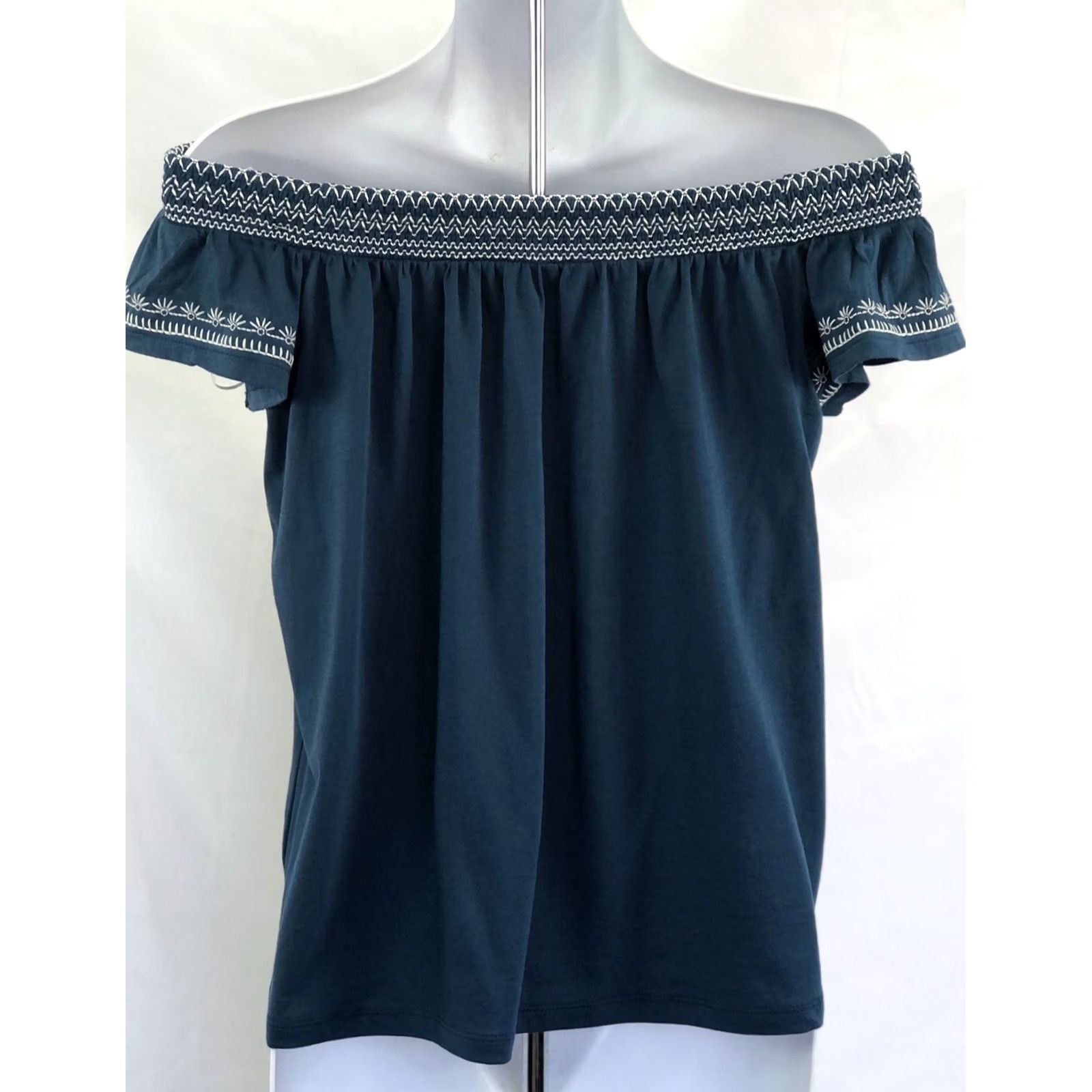 Ann Taylor Ann Taylor Blouse off shoulder S blue/white embroidered Cap Sleeve Prairie Cottage Bohemian Hippie Peasant Western Country Women Size S Regular Size S / US 4 / IT 40 - 3 Thumbnail
