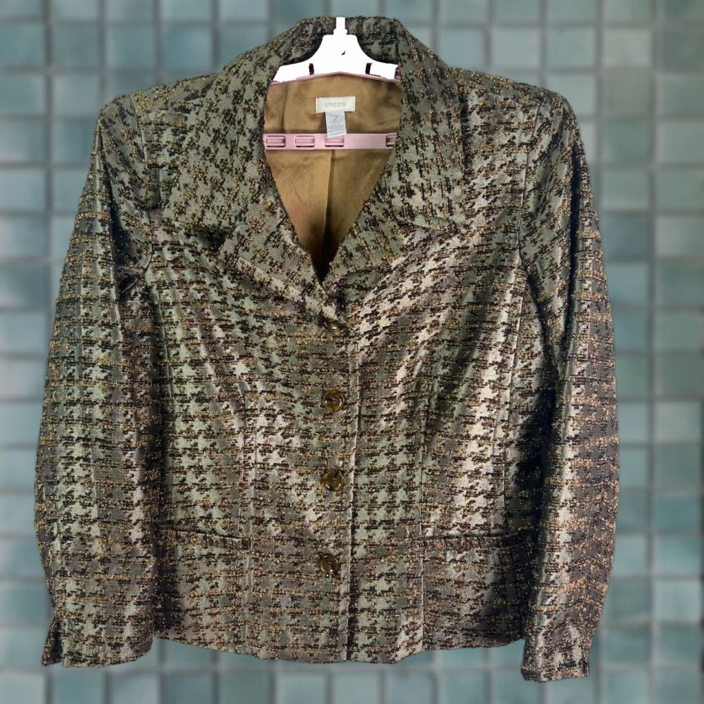 Vintage Chico's Blazer Jacket Women Size 2 Brown Geometric Notch 4-Button Lined Polyester Dressy Lightweight Regular Buttons? Size XS / US 0-2 / IT 36-38 - 1 Thumbnail