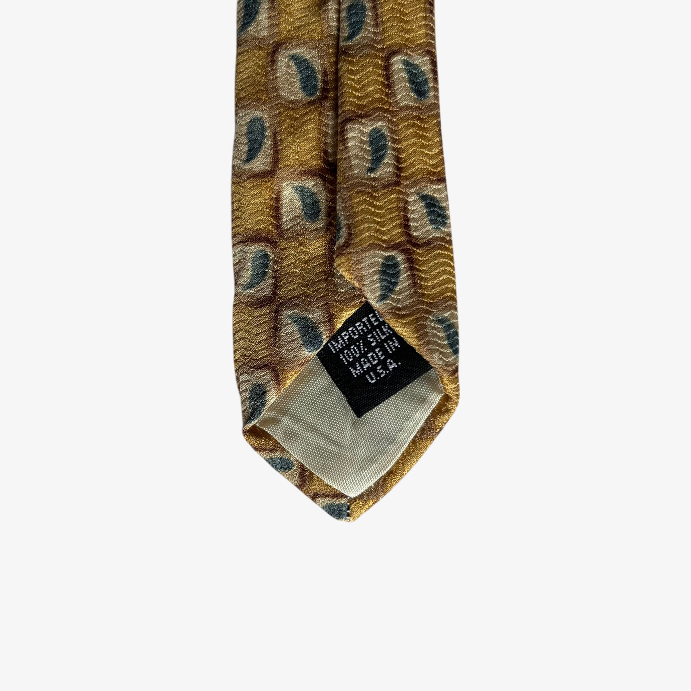 Perry Ellis Vintage 90s Perry Ellis Paisley Checkered Yellow Silk Tie Size ONE SIZE - 3 Thumbnail