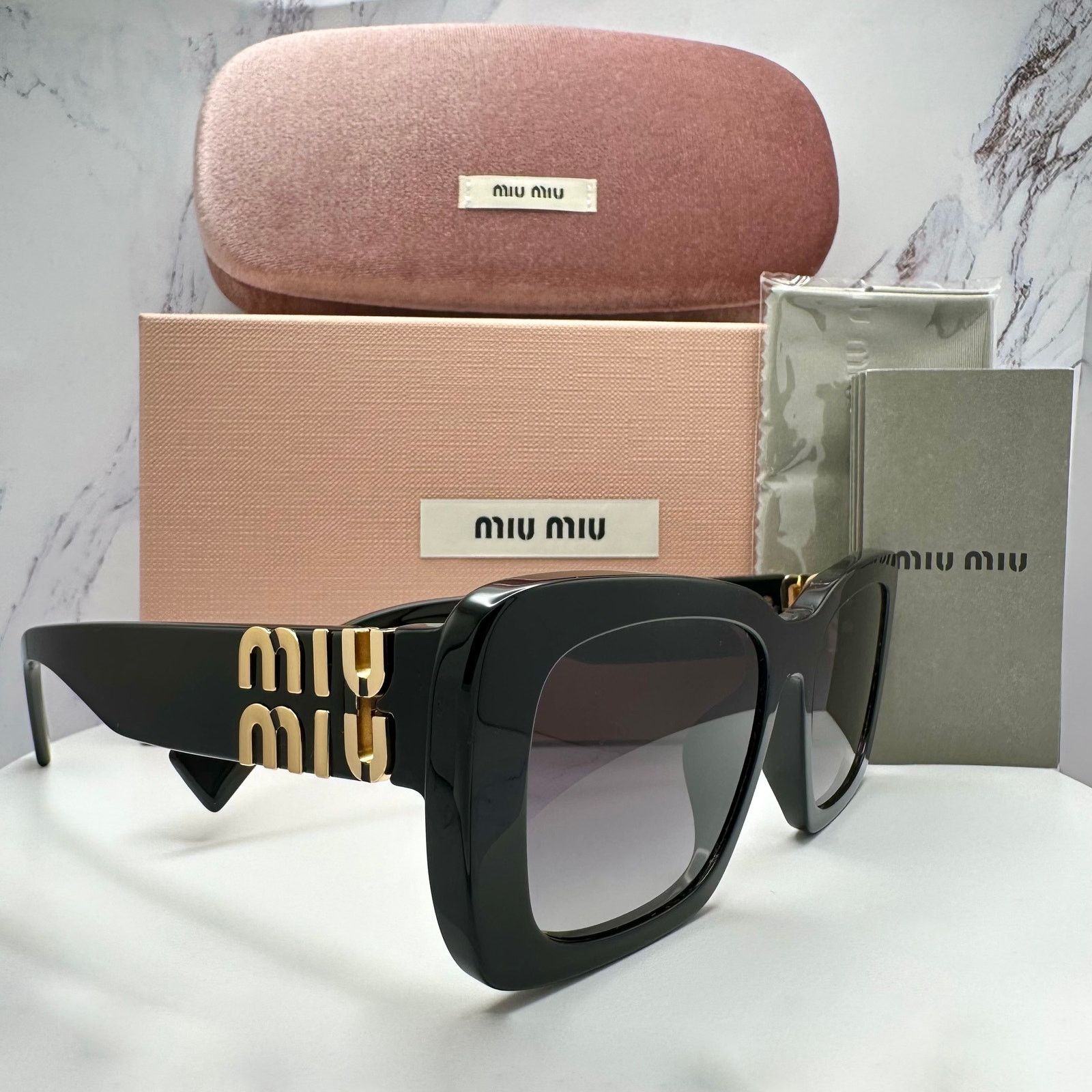 New MIU MIU Sunglasses Black Gold Metal Logo Authentic