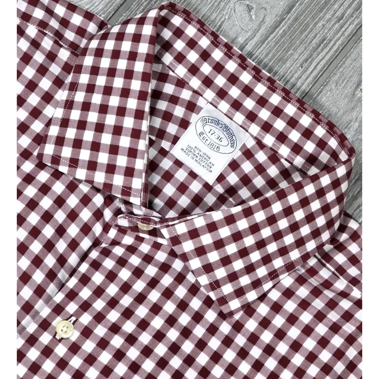 Brooks Brothers Brooks Brothers Dress Shirt Maroon White Long Sleeve - 17-36 Gingham Men Regular Button Up Shirt Size 46R - 6 Thumbnail