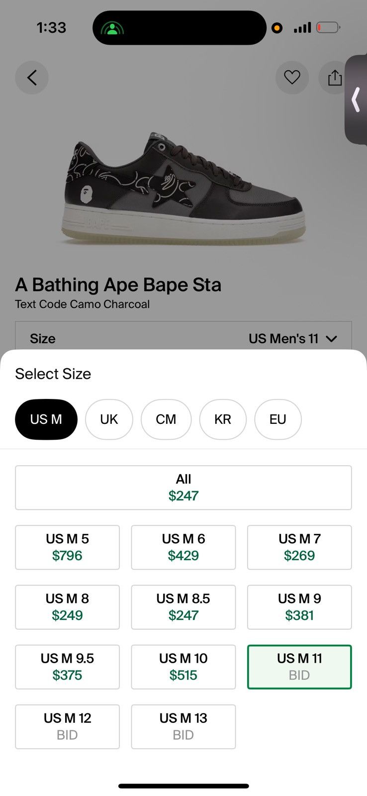 Bape Bapesta 'Text Code Camo - Charcoal' 2022 Size US 11 / EU 44 - 8 Thumbnail