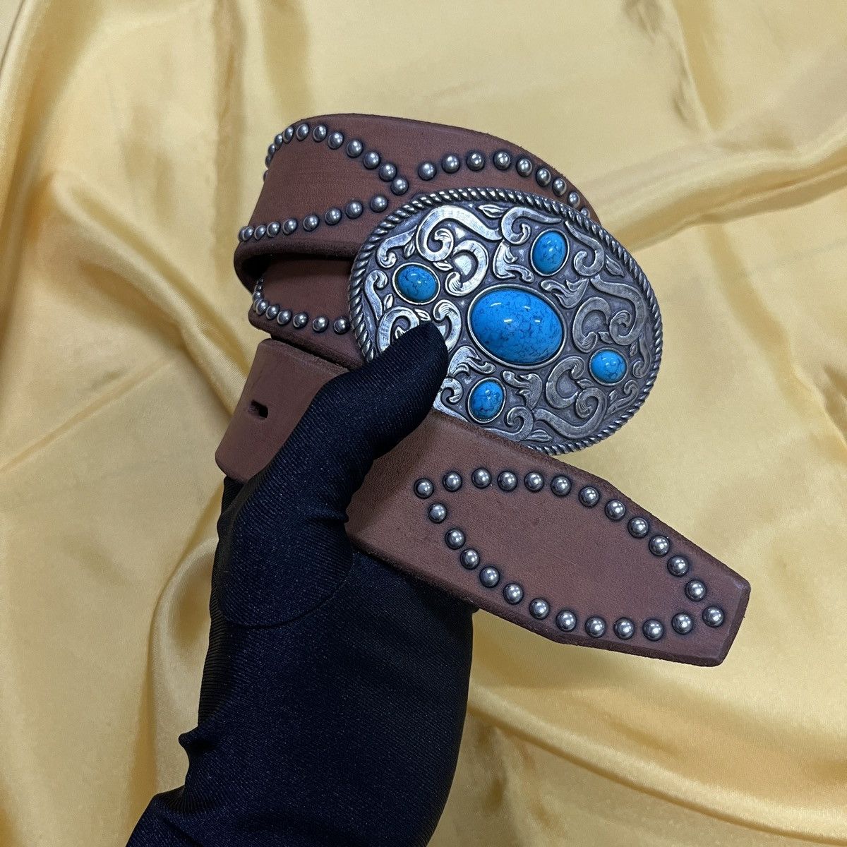Vintage Rare Leather Studded Belt Gemstone Buckle Size 30 - 1 Thumbnail