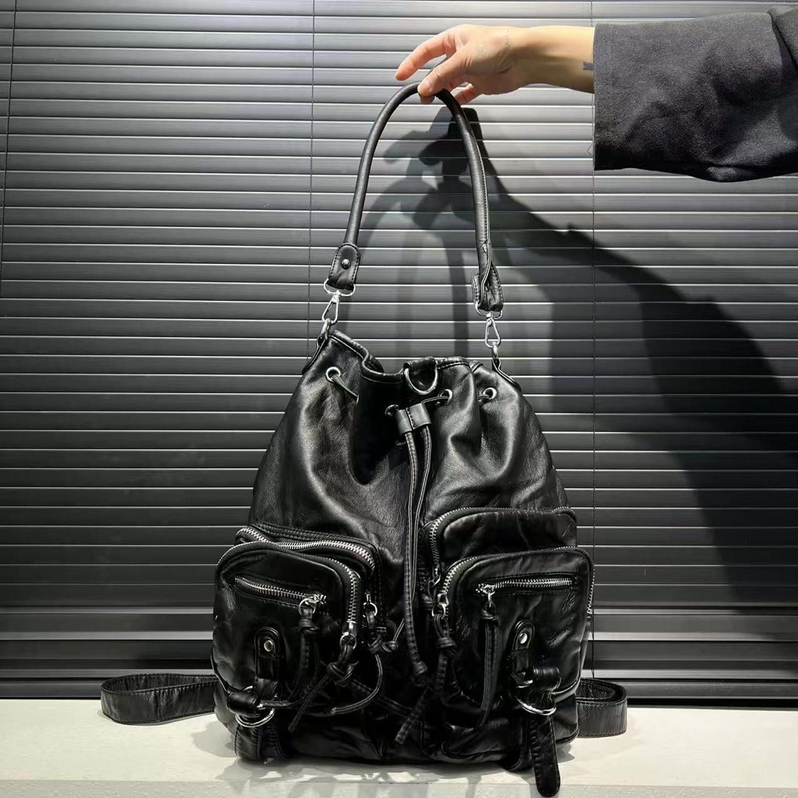 Leather Black Multi-Pocket Drawstring Leather Bag Size ONE SIZE - 3 Thumbnail