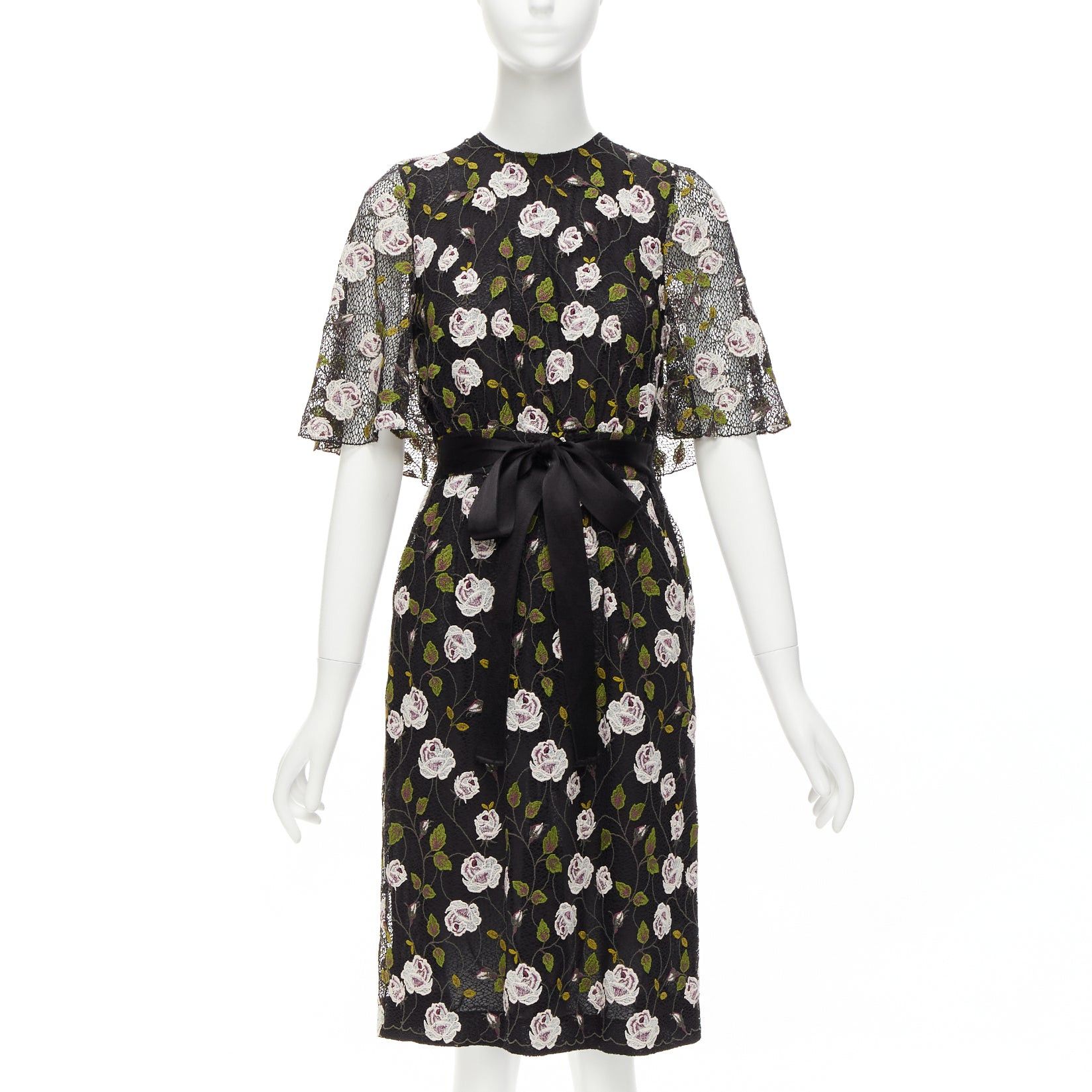 Giambattista Valli GIAMBATTISTA VALLI black pink floral lace cape back belt tie dress IT38 XS Size XS / US 0-2 / IT 36-38 - 1 Thumbnail