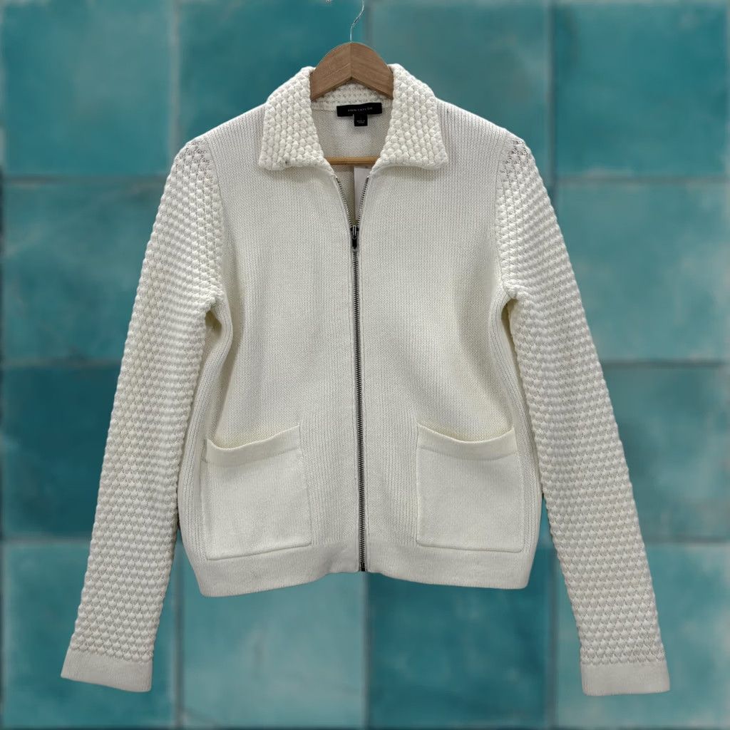Ann Taylor Ann Taylor Cardigan Sweater Womens Small White Full Zip Collared Pockets Knit Size S / US 4 / IT 40 - 1 Thumbnail