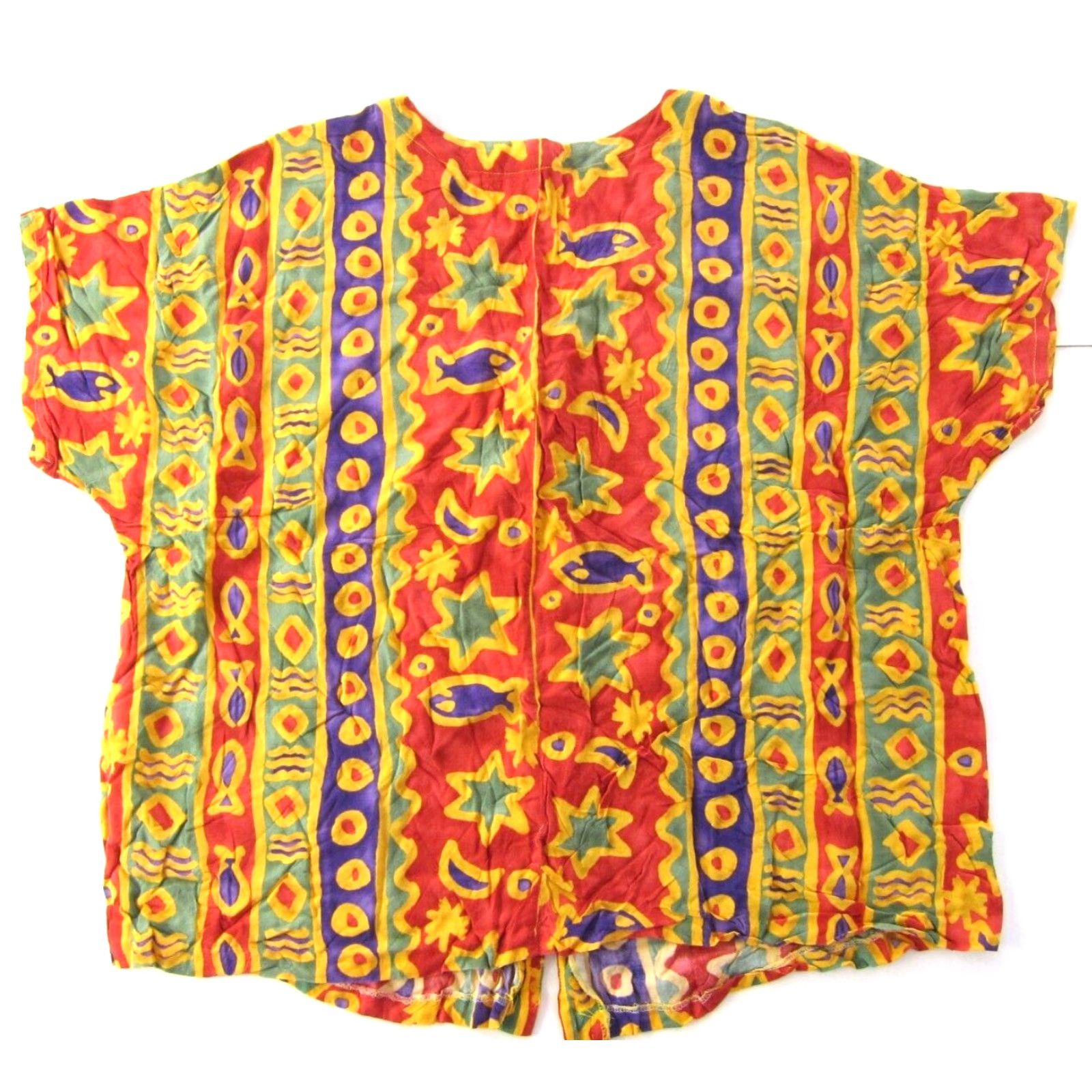 Vintage Vivoli Rayon Blouse 2X Button Down Short Sleeve V-Neck Floral Fish Tunic Blouse Womens Vintage USA 56" bust 2X Orange Yellow Purple Green Size XXL / US 16-18 / IT 52-54 - 2 Thumbnail