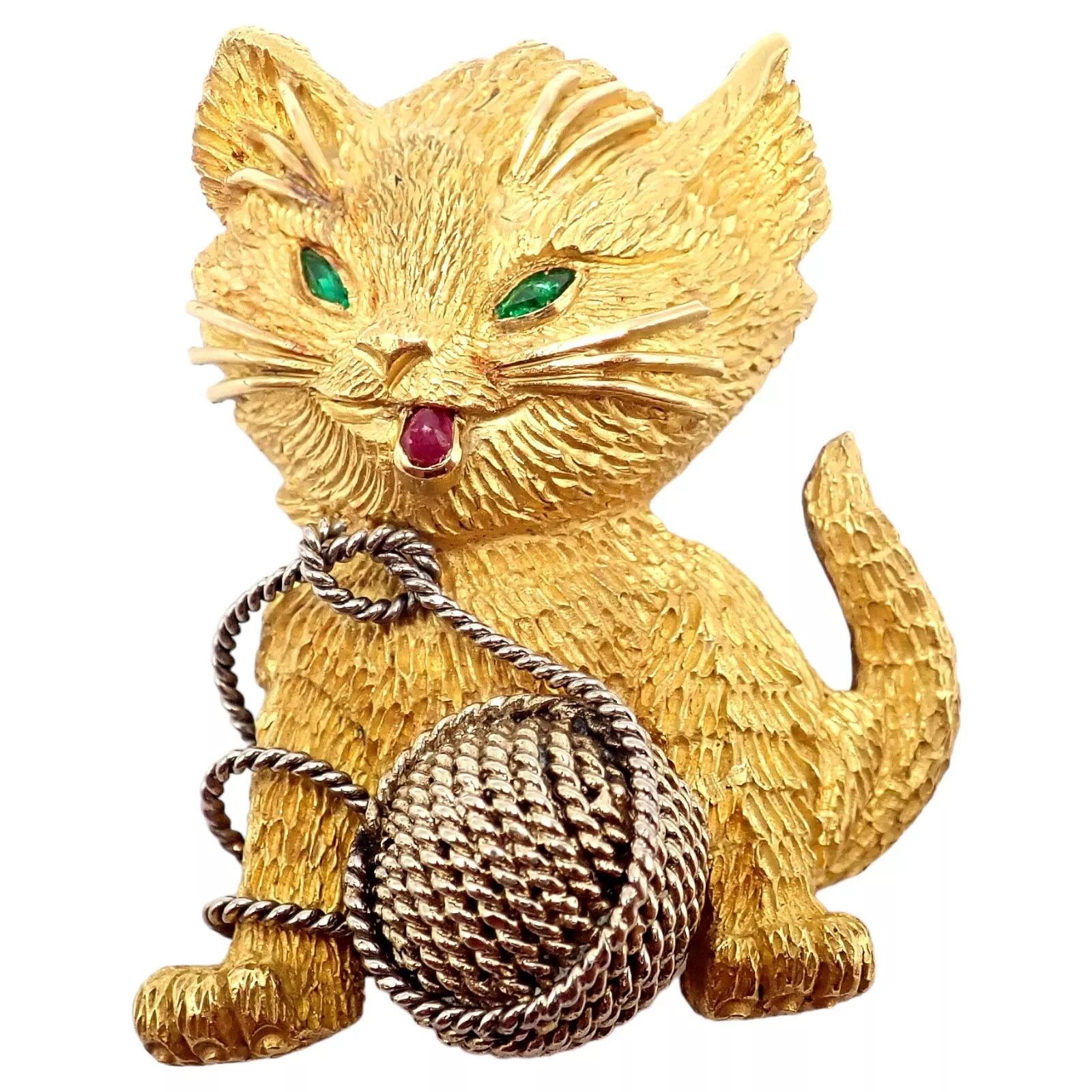 Tiffany & Co. 20k Yellow Gold Ruby Emerald Cat Yarn Pin Brooch Size ONE SIZE - 1 Thumbnail