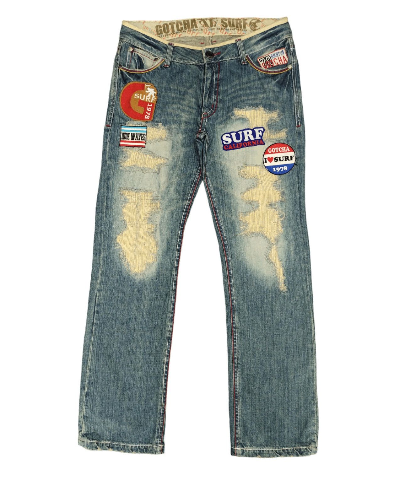 image of Wide Leg Jeans Gotcha Surf Patches & Boro Denim Kapital Insp, Men's (Size 34)