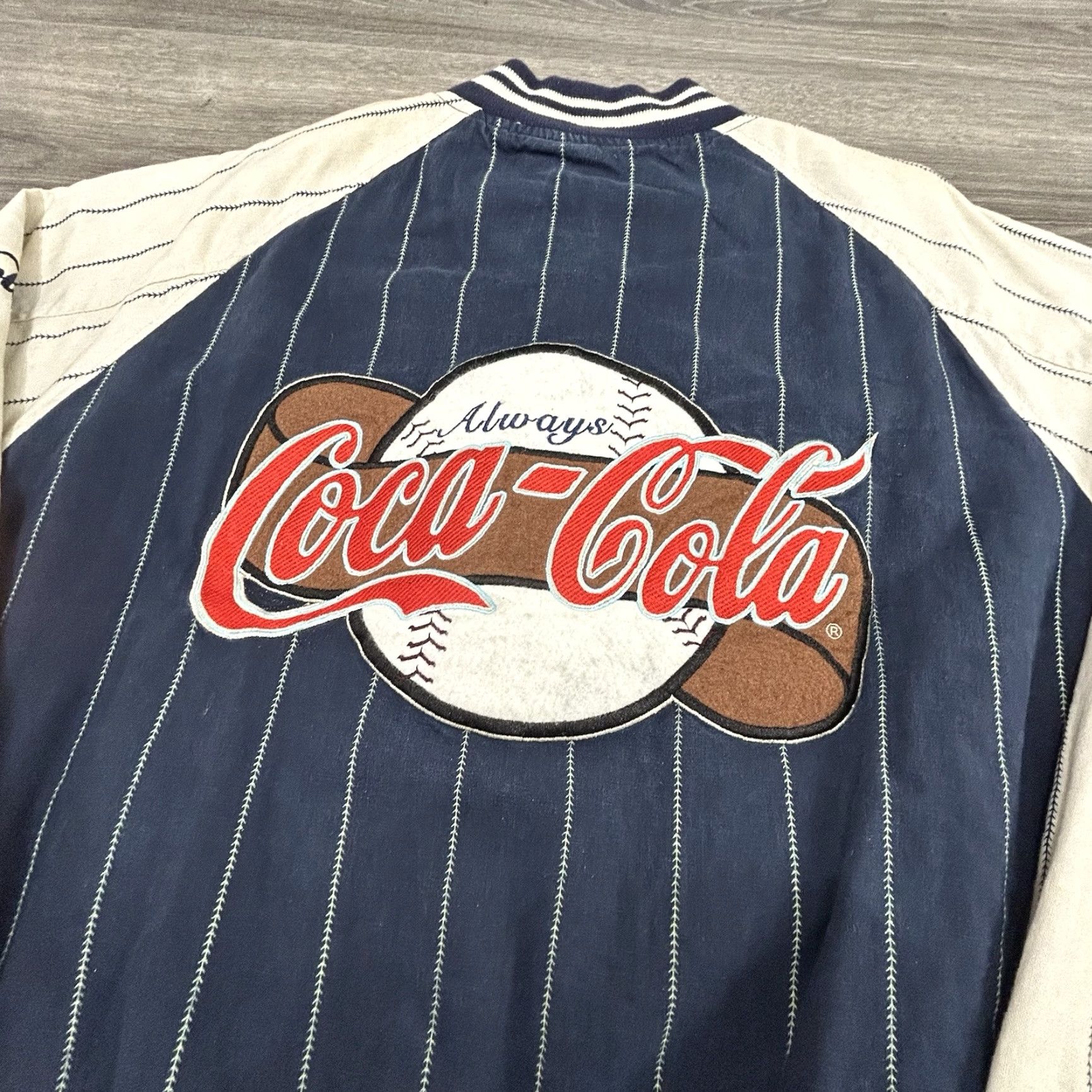 VINTAGE Coca-Cola Varsity Bomber Jacket Unisex Adults XL Multicolor Striped Reversible 80s 90s Sports Jacket