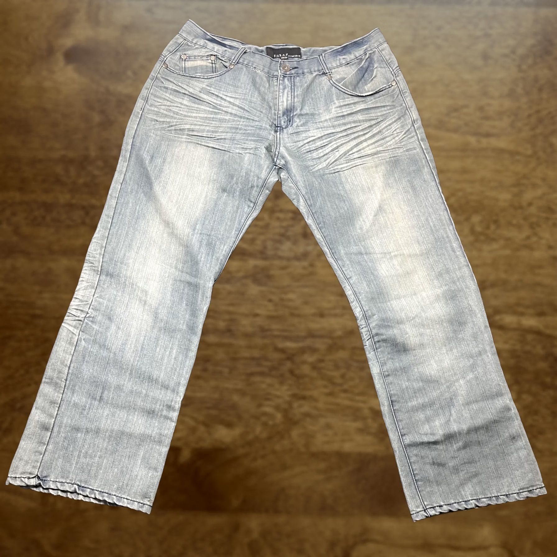 Vintage F.U.S.A.I. Jeans Mens 36x30 Light Wash Blue Regular Straight Distressed Denim Cotton Polyester Zip Fly button Men Size US 36 / EU 52 - 1 Thumbnail