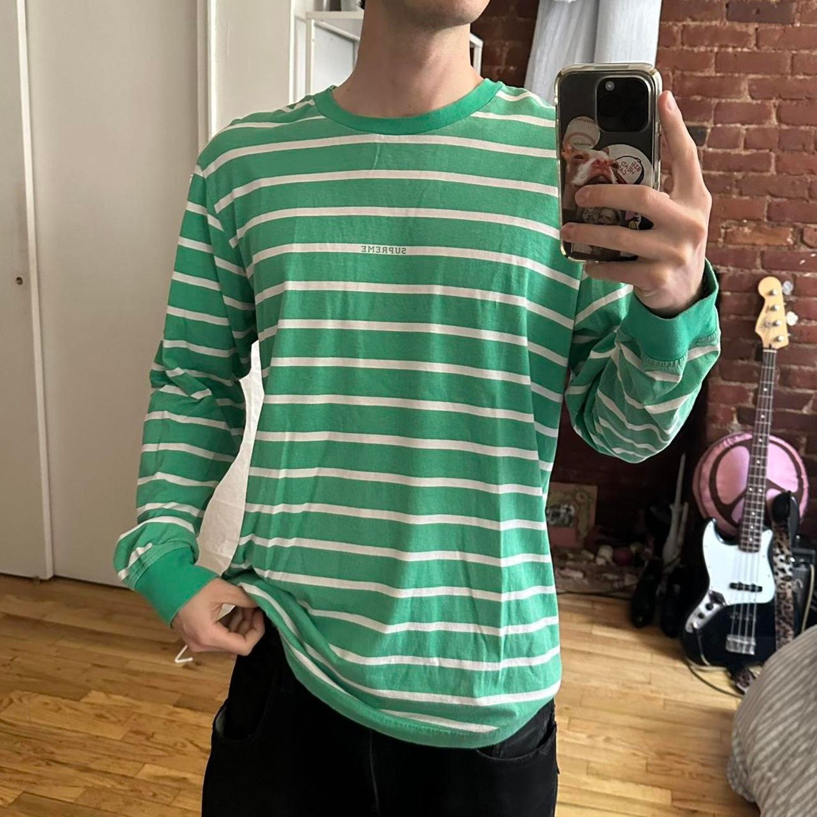 Supreme Supreme Green Striped Logo Spellout Basic Longsleeve Shirt Size US L / EU 52-54 / 3 - 6 Thumbnail