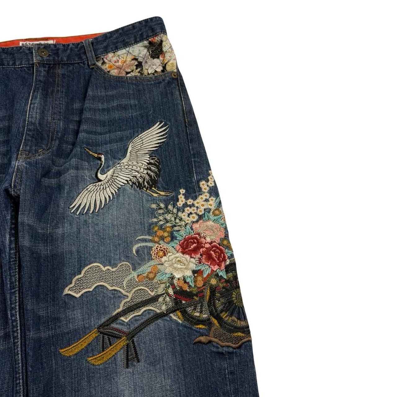 Karakuri Tamashii Karakuri Tamashii Embroidered Floral Japanese Jeans Waist 33 Size US 33 - 3 Thumbnail