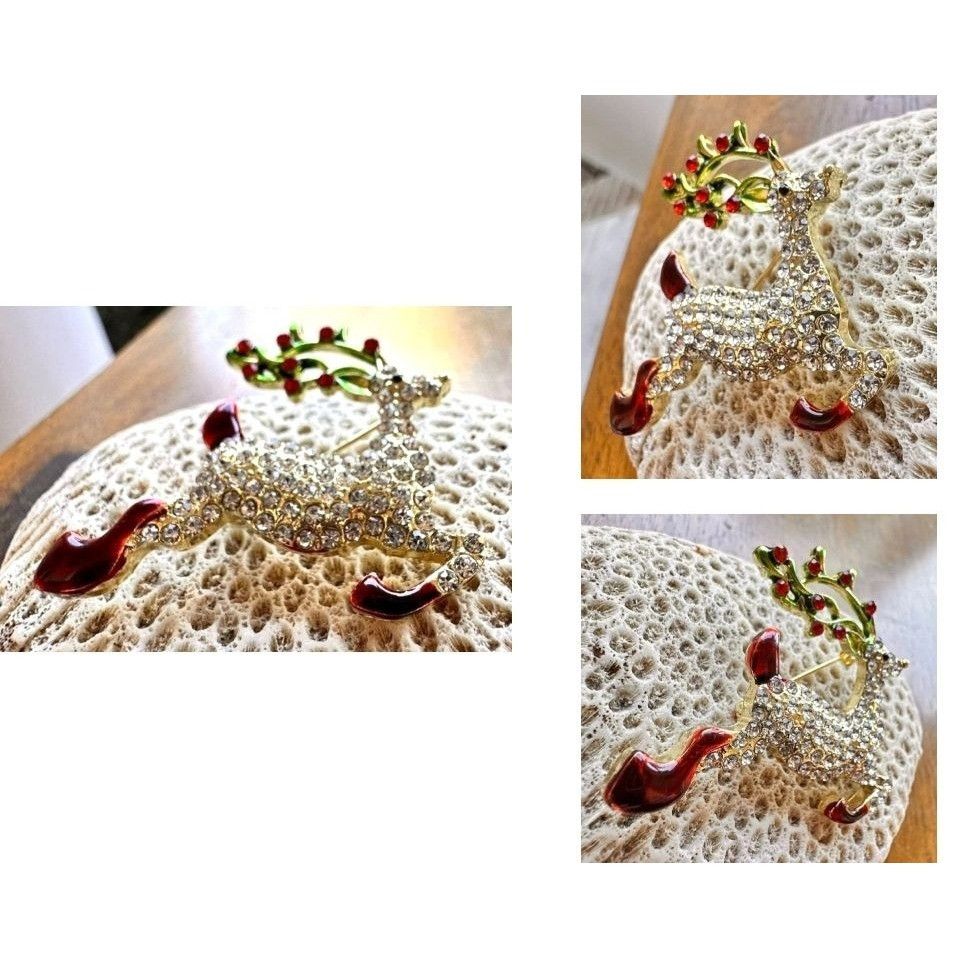 Handmade Reindeer Brooch Pin Rudolph Christmas Eve New Crystal Accent Size ONE SIZE - 9 Thumbnail
