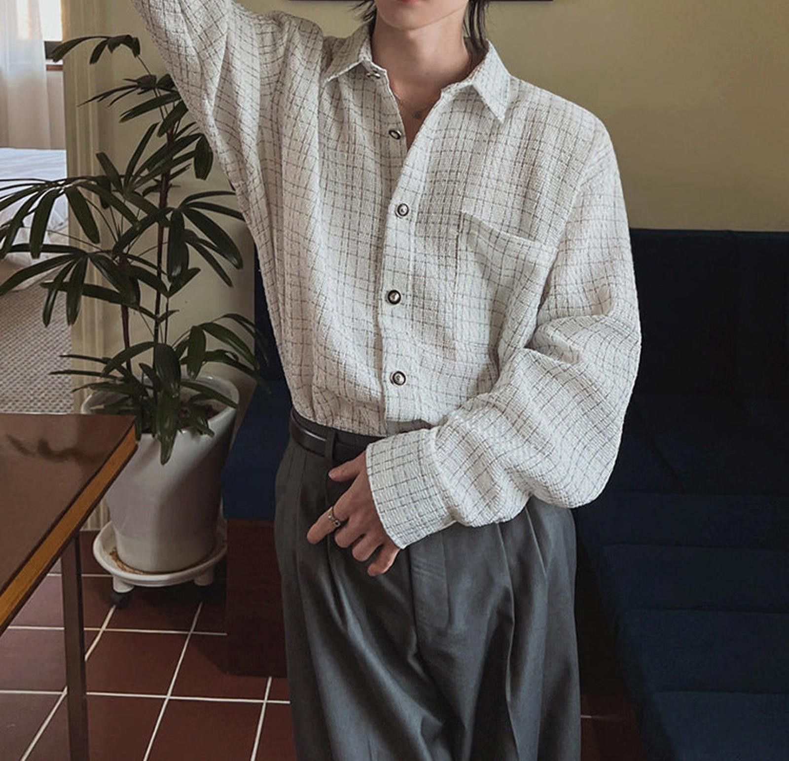 Vintage White Checked Oversized Button-Up Shirt, Casual Mens Shirt Size US M / EU 48-50 / 2 - 1 Thumbnail