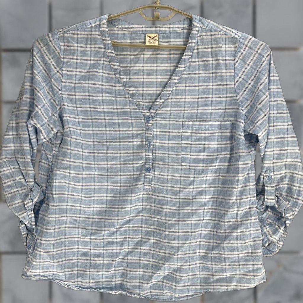 Faded Glory Faded Glory Blouse Blue White Plaid 2XL 100% Cotton V-Neck Tunic Shirt Womens Casual Size XXL / US 16-18 / IT 52-54 - 1 Thumbnail