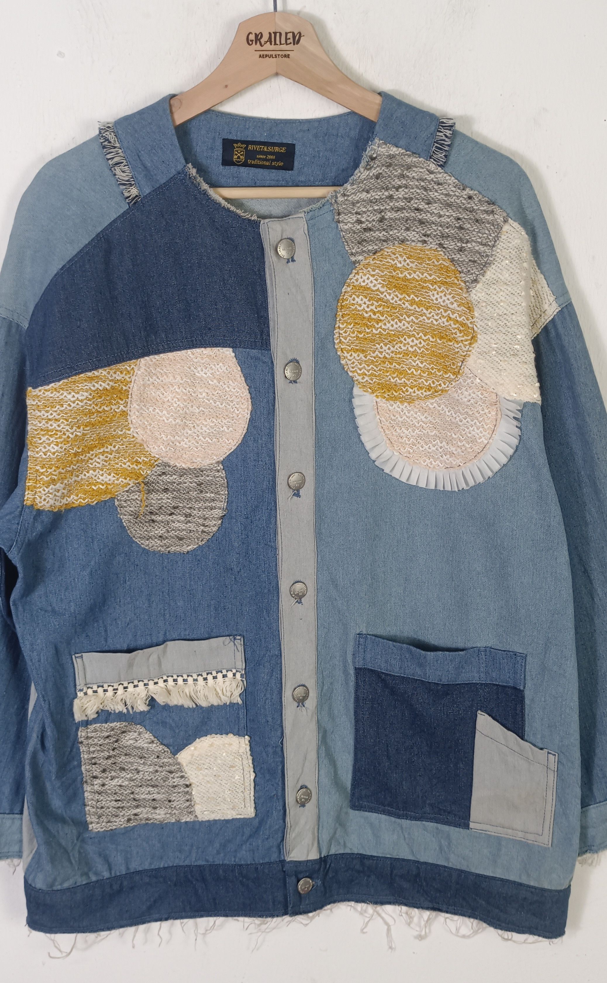Japanese Brand Rivet & Surge Tsukihugi Pacthwork Denim Jacket Size US XL / EU 56 / 4 - 3 Thumbnail