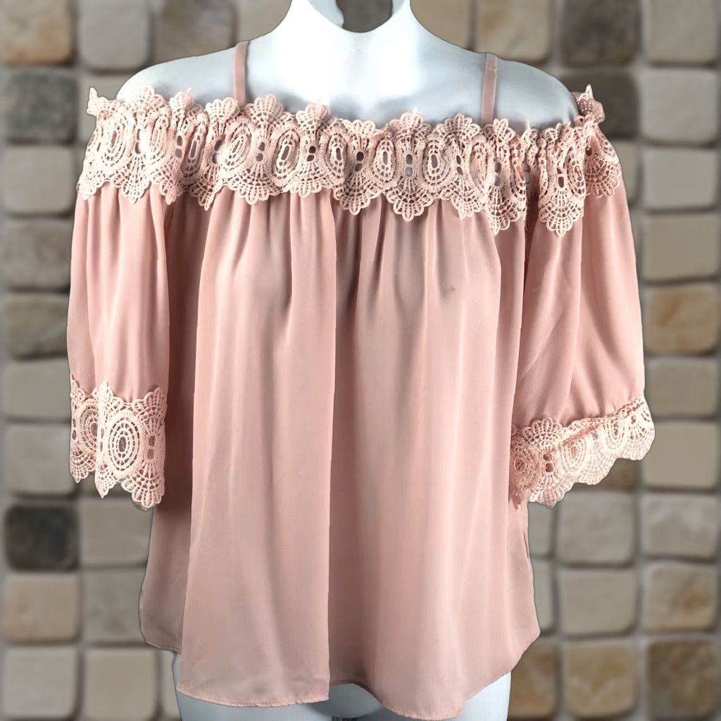 Vintage VINTAGE By By Off shoulder peasant top L pink lace flowy Chiffon Adjustable Straps Y2K 90s Fairy Bohemian Coquette Romantic Shirt Womens Size L / US 10 / IT 46 - 1 Thumbnail