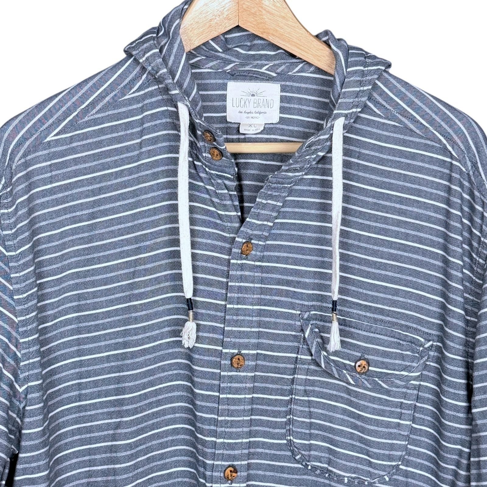 Lucky Brand Lucky Brand XL Striped Linen Blend Hooded Button-Up Shirt Size US XL / EU 56 / 4 - 3 Thumbnail