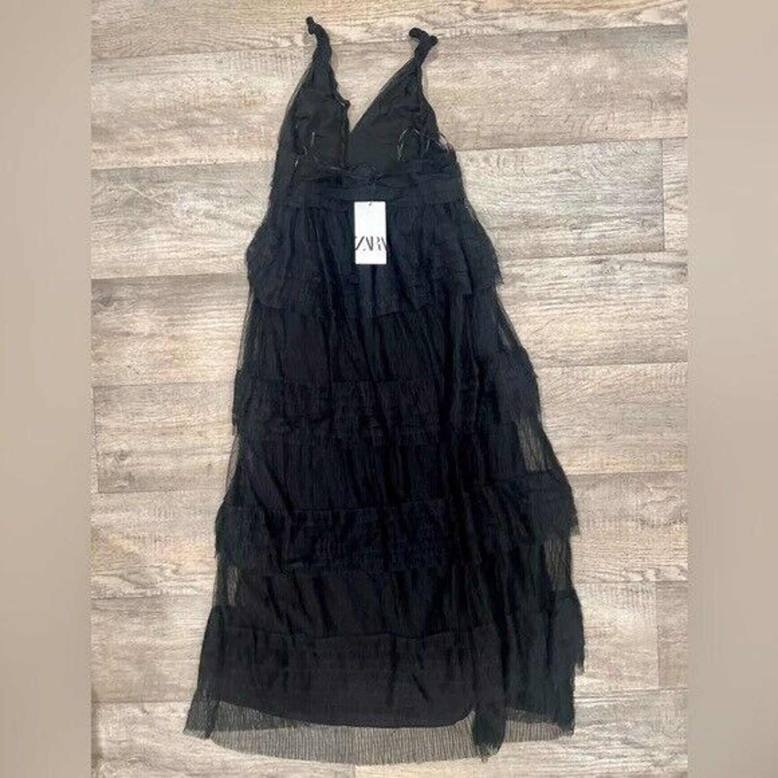Zara Black Ruffled Tulle Maxi Dress NWT Size S
