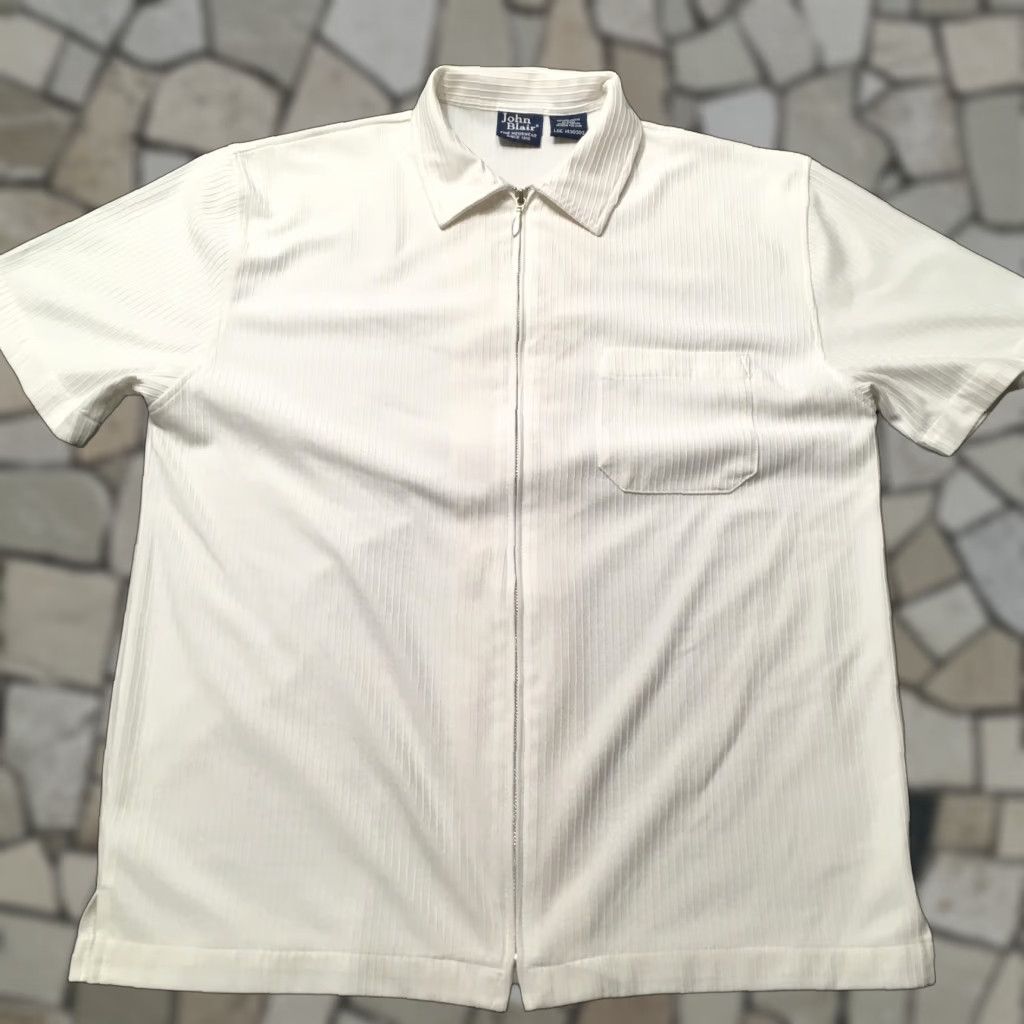 Blair VINTAGE John Blair Shirt Mens L White Disco Zip Front Short Sleeve Polo 100% Polyester Size US L / EU 52-54 / 3 - 1 Thumbnail