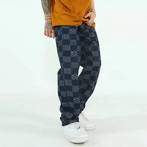 Check Pattern Graphic Blue Denim Jeans