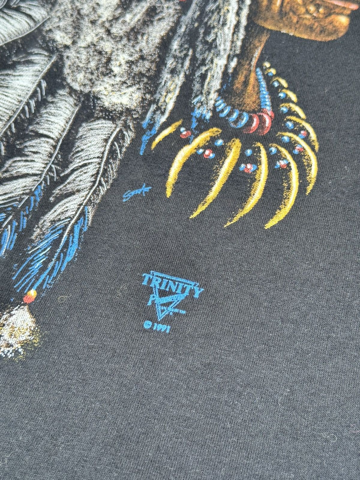 Vintage 1991 vintage black Trinity Indian Chief cotton t-shirt Size US L / EU 52-54 / 3 - 4 Thumbnail