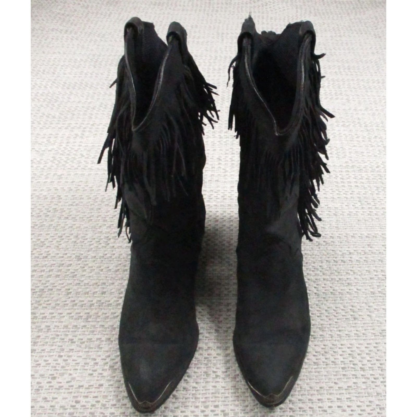 Vintage VINTAGE Acme Fringe Western Cowboy Boots Womens 6.5 Pointed Toe Mid Calf Suede Black Fringe Western Boots Womens 6.5 Size US 7 / IT 37 - 3 Thumbnail