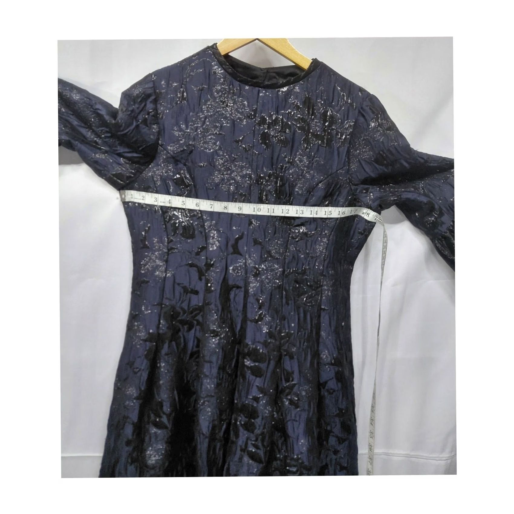 Vintage Rickie Freeman for Teri Jon Dress | Women A-Line Knit Jacquard Knee Length Bell Sleeve Navy Blue Metallic Size L / US 10 / IT 46 - 6 Thumbnail