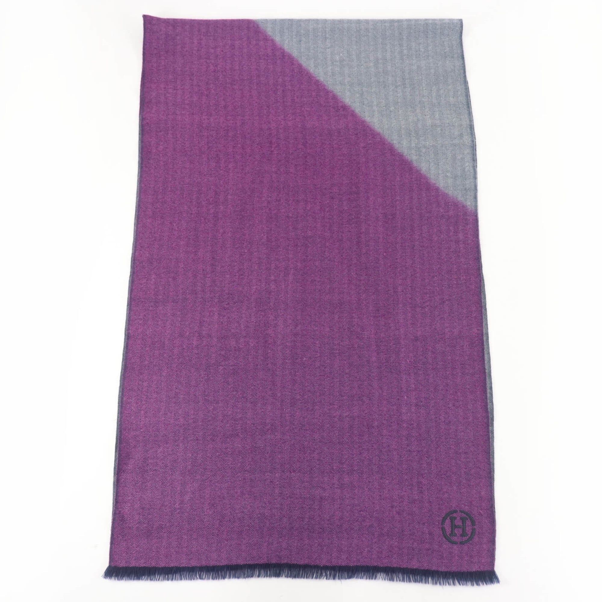 Hermes HERMES 100% Cashmere Shawl/Stole with H Logo Leather Patch and Fringe - Large Size, Purple/Navy Women's Size ONE SIZE - 1 Thumbnail