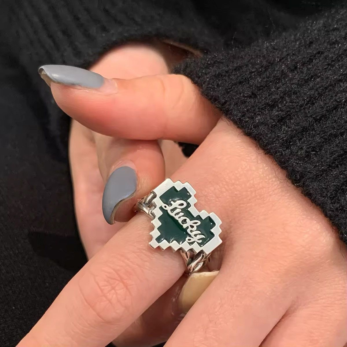 Vintage Trend Dark Green Mosaic Love Heart Resizeable Ring Size ONE SIZE - 4 Thumbnail
