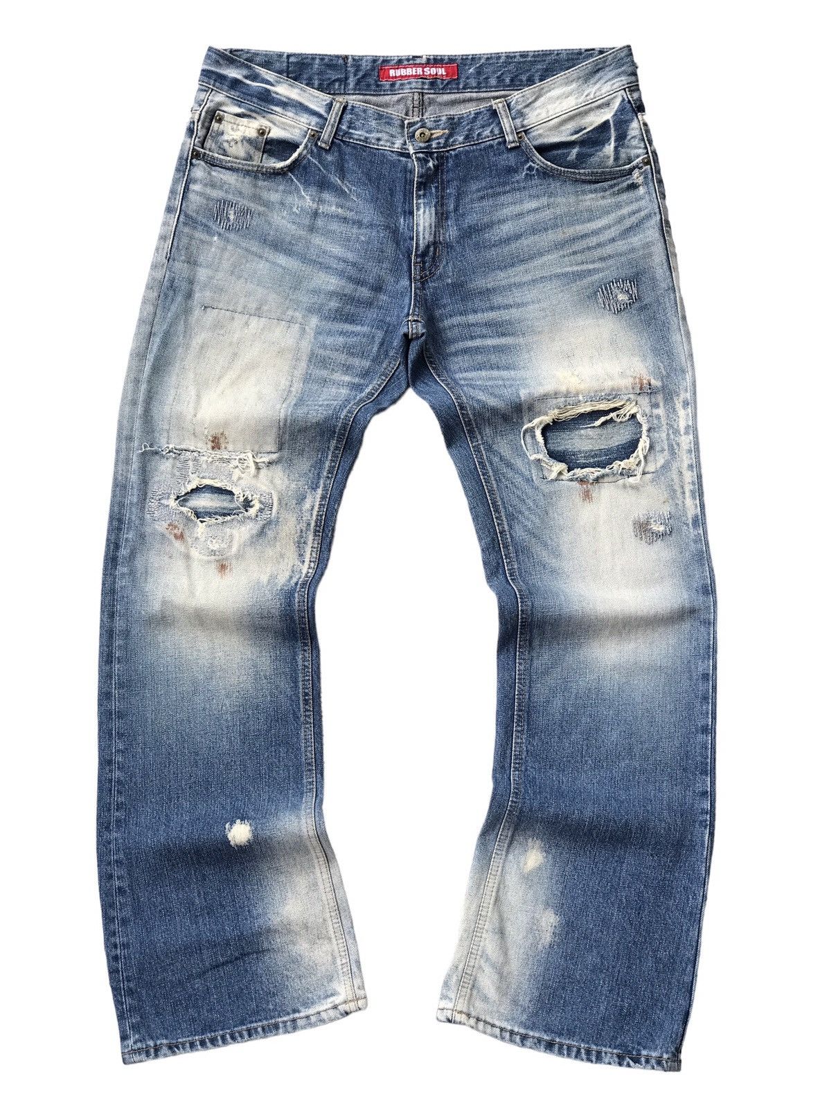 image of Distressed Denim x Oxs Rubber Soul Rubber Soul Patchwork Flared Distressed Jeans in Denim (Size 36)
