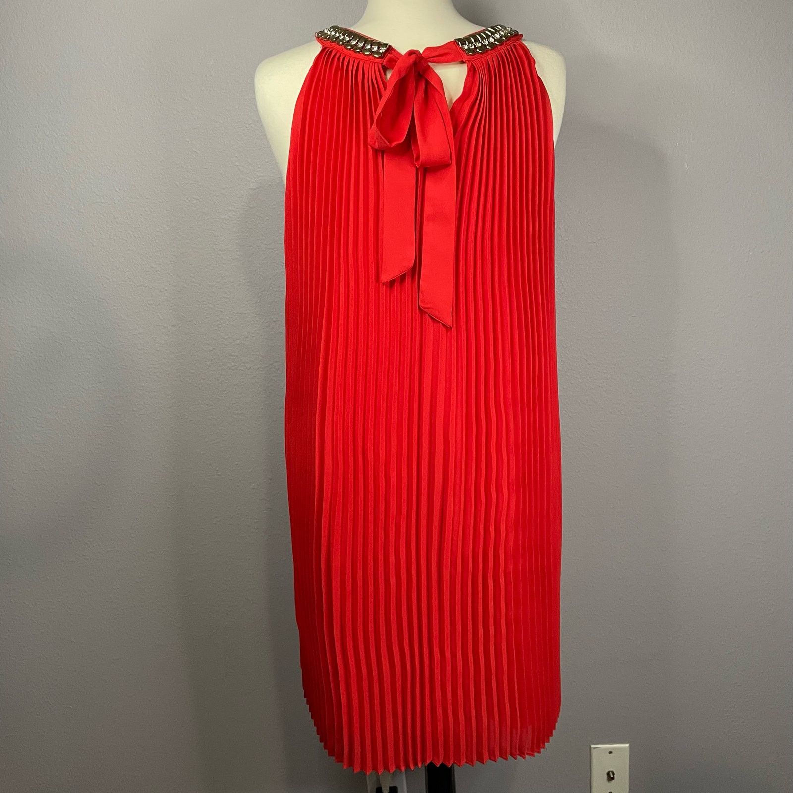 Badgley Mischka Belle Badgley Mischka Dress 10 Red Orange Pleated Halter Size L / US 10 / IT 46 - 5 Thumbnail
