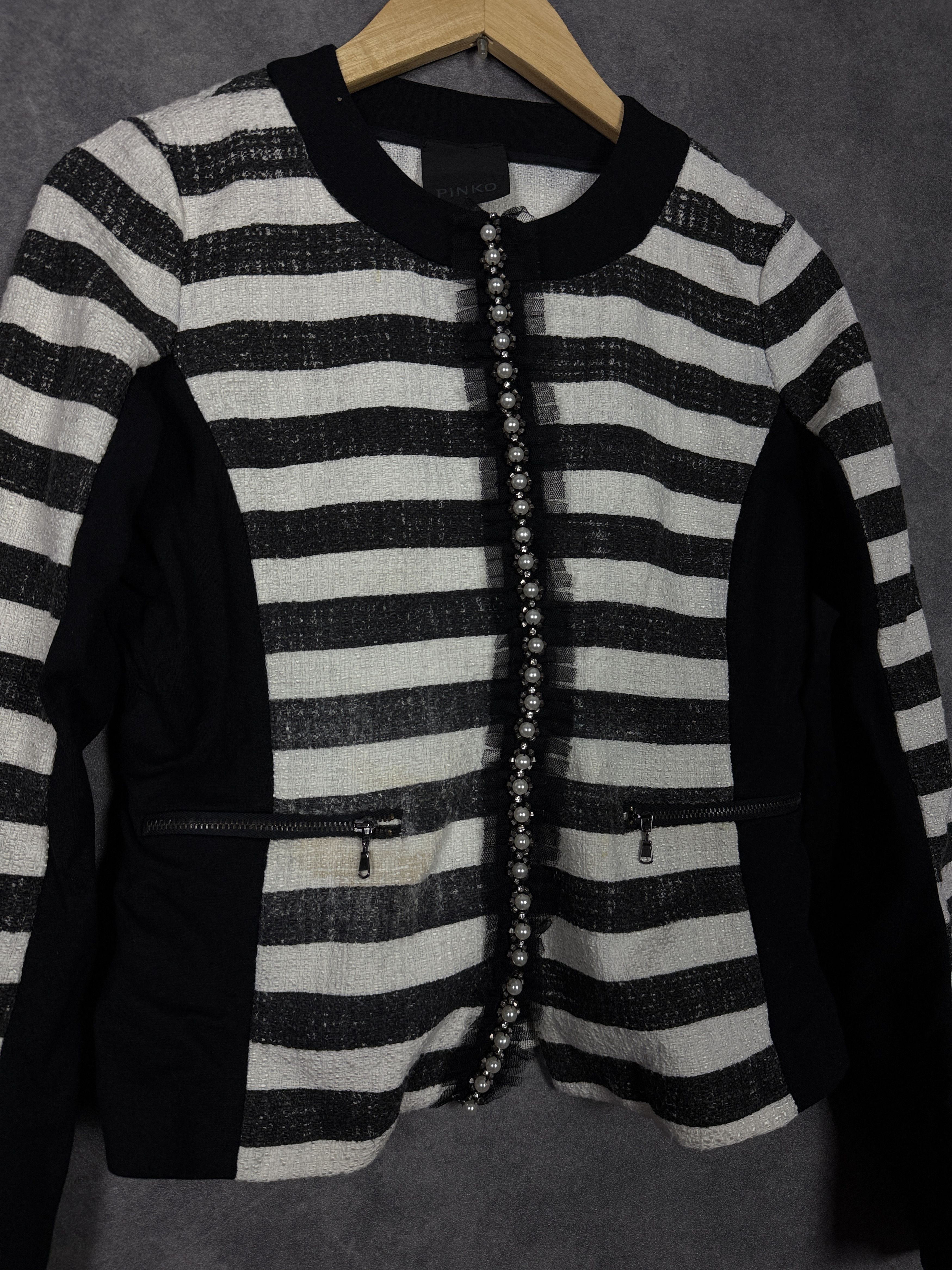 Pinko Pinko striped blazer black white with lace pearls cotton Size M / US 6-8 / IT 42-44 - 2 Thumbnail