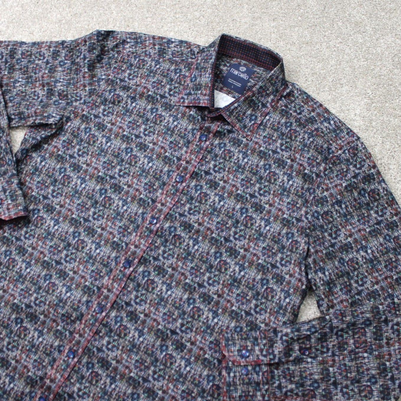 Vintage Marcello Shirt Men L Grey/Blue/Orange Geometric Button-Up Long Sleeve Cotton Shirt Size US L / EU 52-54 / 3 - 3 Thumbnail