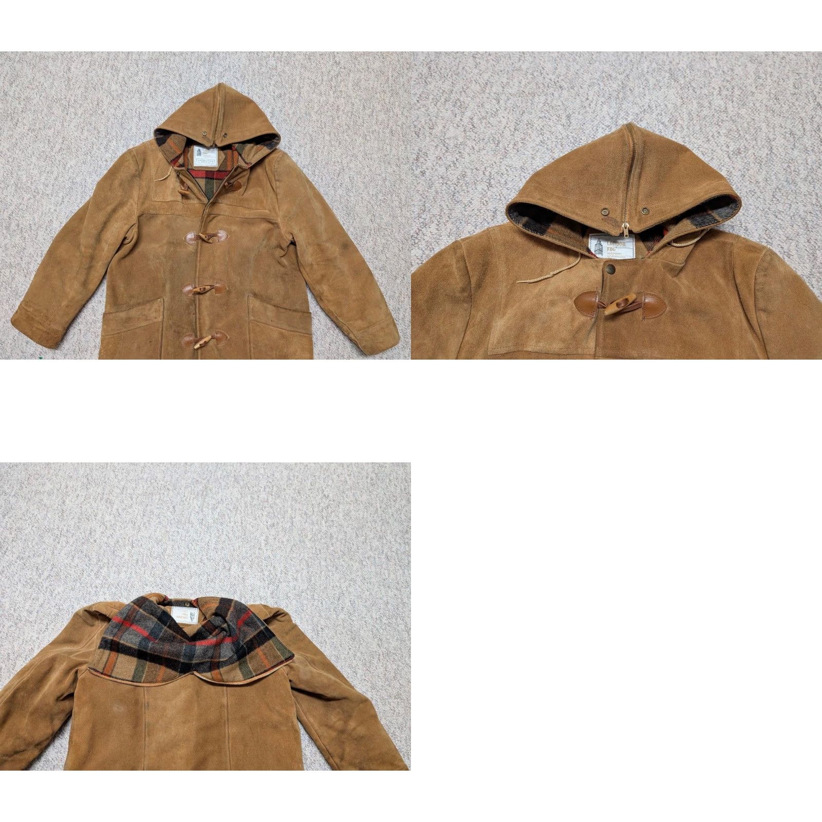 London Fog VINTAGE London Fog Duffle Coat Leather Cowhide Split-Suede 42 Brown Hooded Wool Lined M Mens Coat Jacket Size US M / EU 48-50 / 2 - 10 Thumbnail