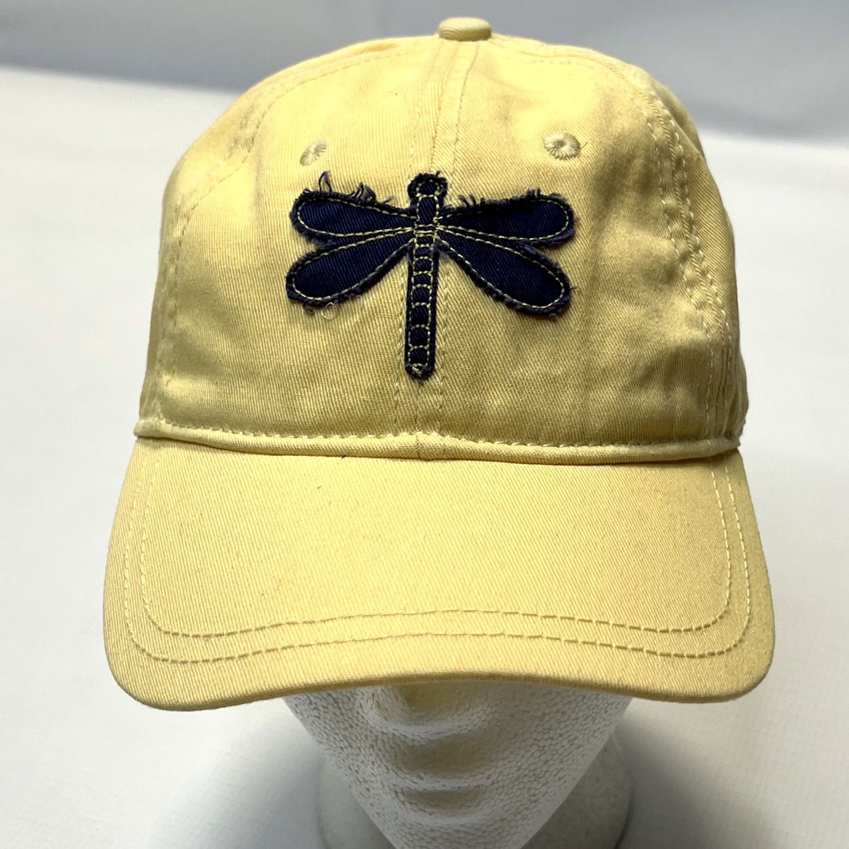 Vintage Kate Landry Beach Hat Yellow Blue Dragonfly Embroidered Adjustable Strap Women Size ONE SIZE - 2 Thumbnail