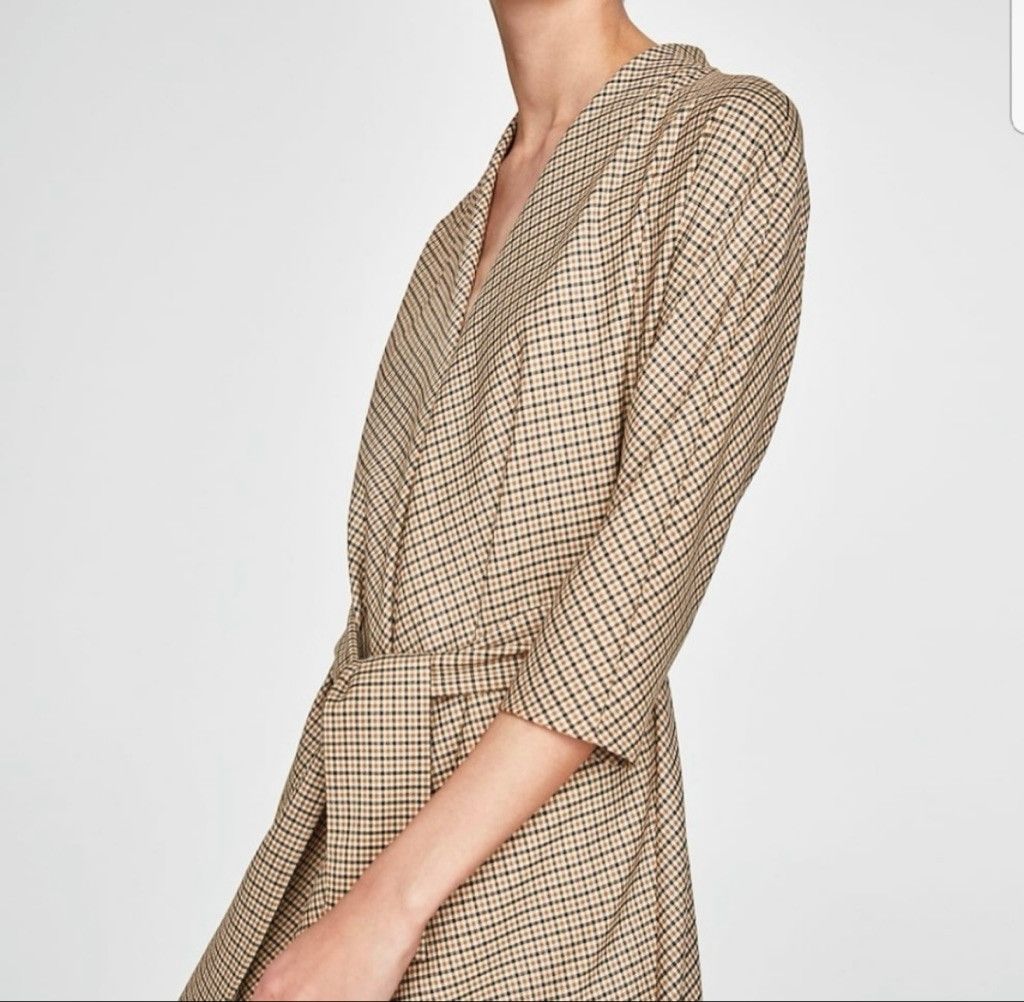 zara tartan midi dress PLAID SHIRT DRESS - Brown-Blue