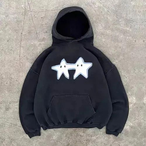 Hoodie Black washed star print cotton hoodie