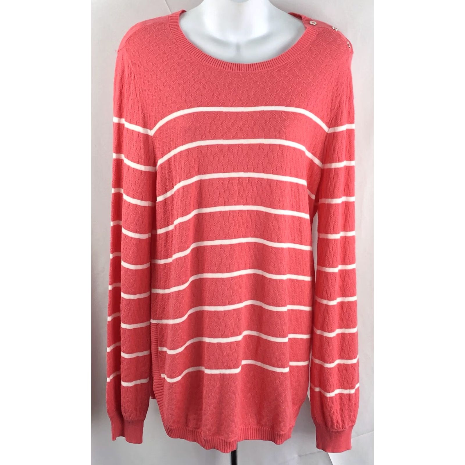 Vintage St Johns Bay Sweater L Orange Stripe Rayon Knit Button Accent Longsleeve - Womens Regular Size L Size L / US 10 / IT 46 - 6 Thumbnail