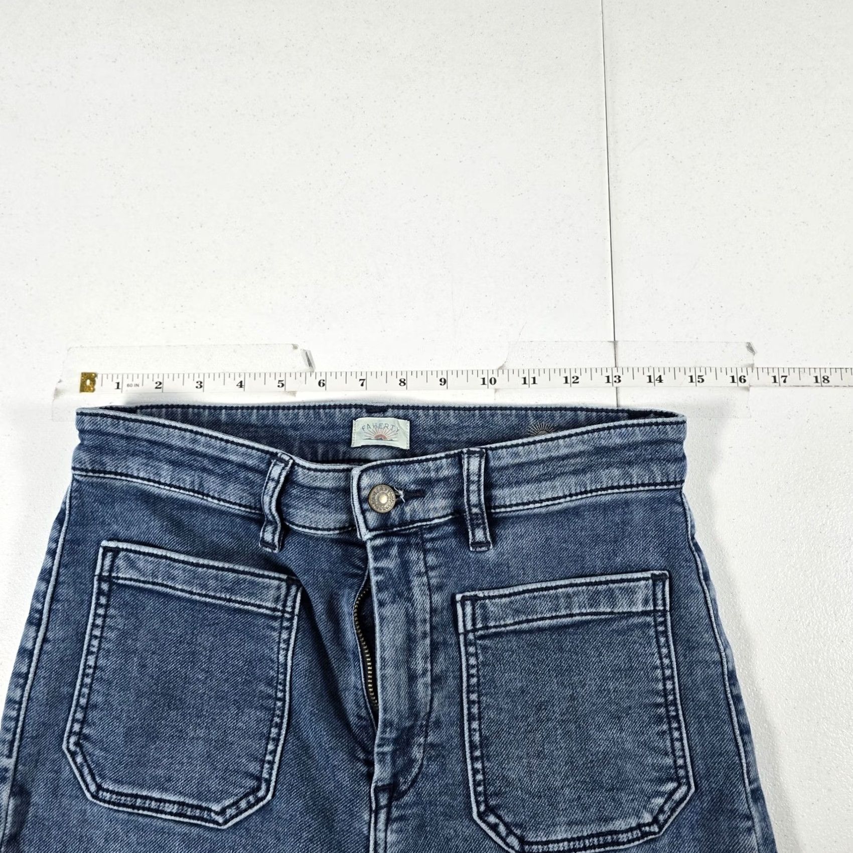Faherty Faherty Women Blue Wide Leg Jeans Size 29 Stretch Denim Patch Pocket Button Zip Size 29" - 3 Thumbnail