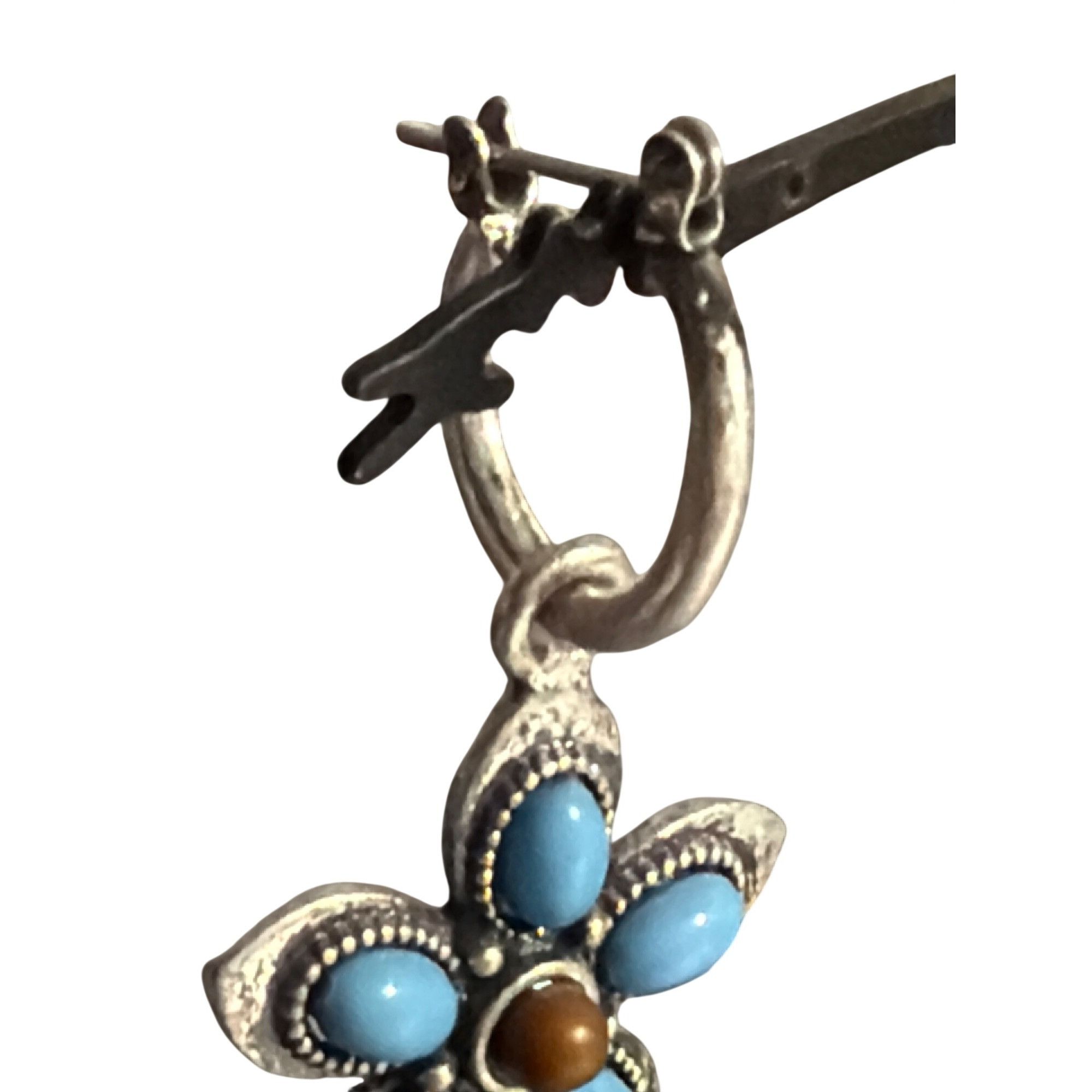 Other Vintage Silver Tone Hoop Dangle Earring Flower Turquoise Bro Size ONE SIZE - 3 Thumbnail