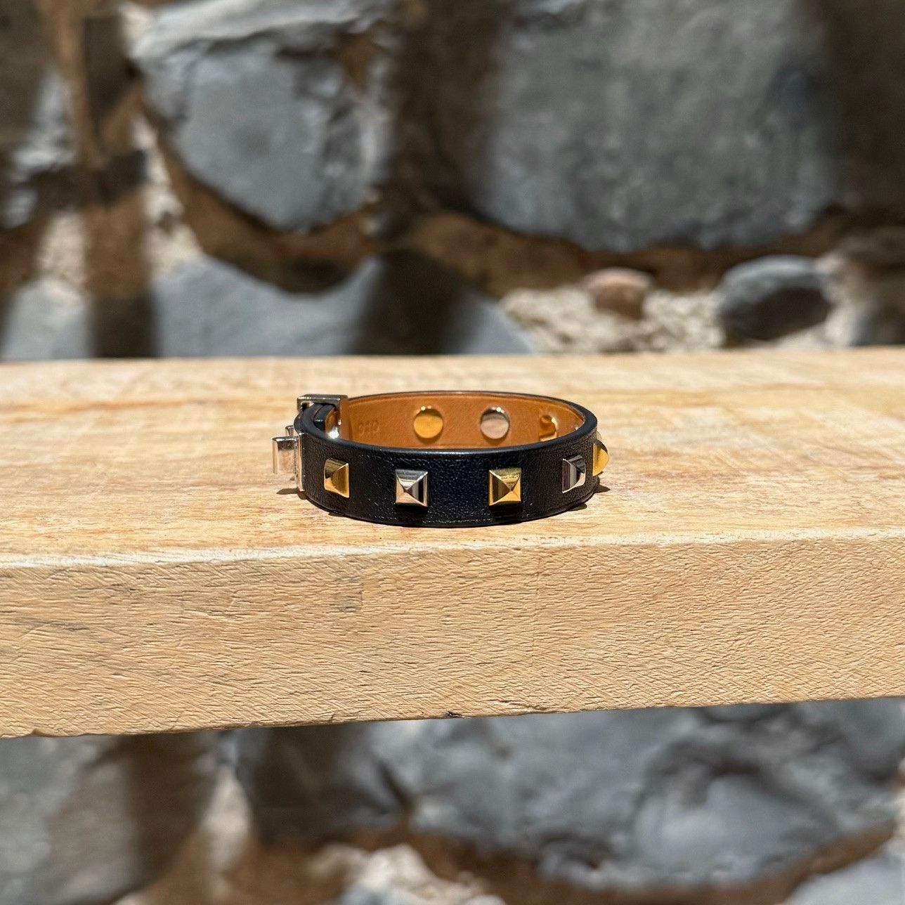 Hermes Hermès Black Leather Mini Dog Clous Carrés Studded Bracelet Size ONE SIZE - 2 Thumbnail