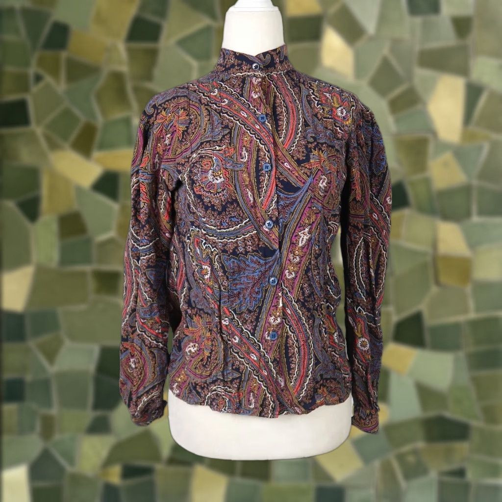 Jones New York VINTAGE Jones New York Navy Blue Paisley Print Blouse 90s 8 Women Long Sleeve Shirt top Size M / US 6-8 / IT 42-44 - 1 Thumbnail