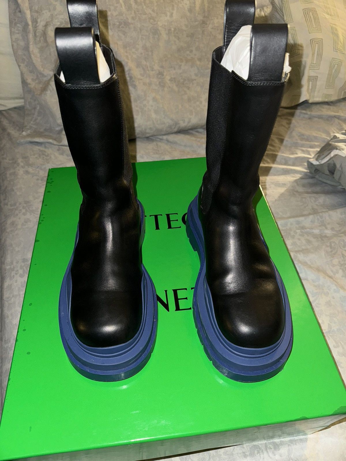 image of Bottega Veneta Leather Tire Boots (Size 39) in Navy, Women's