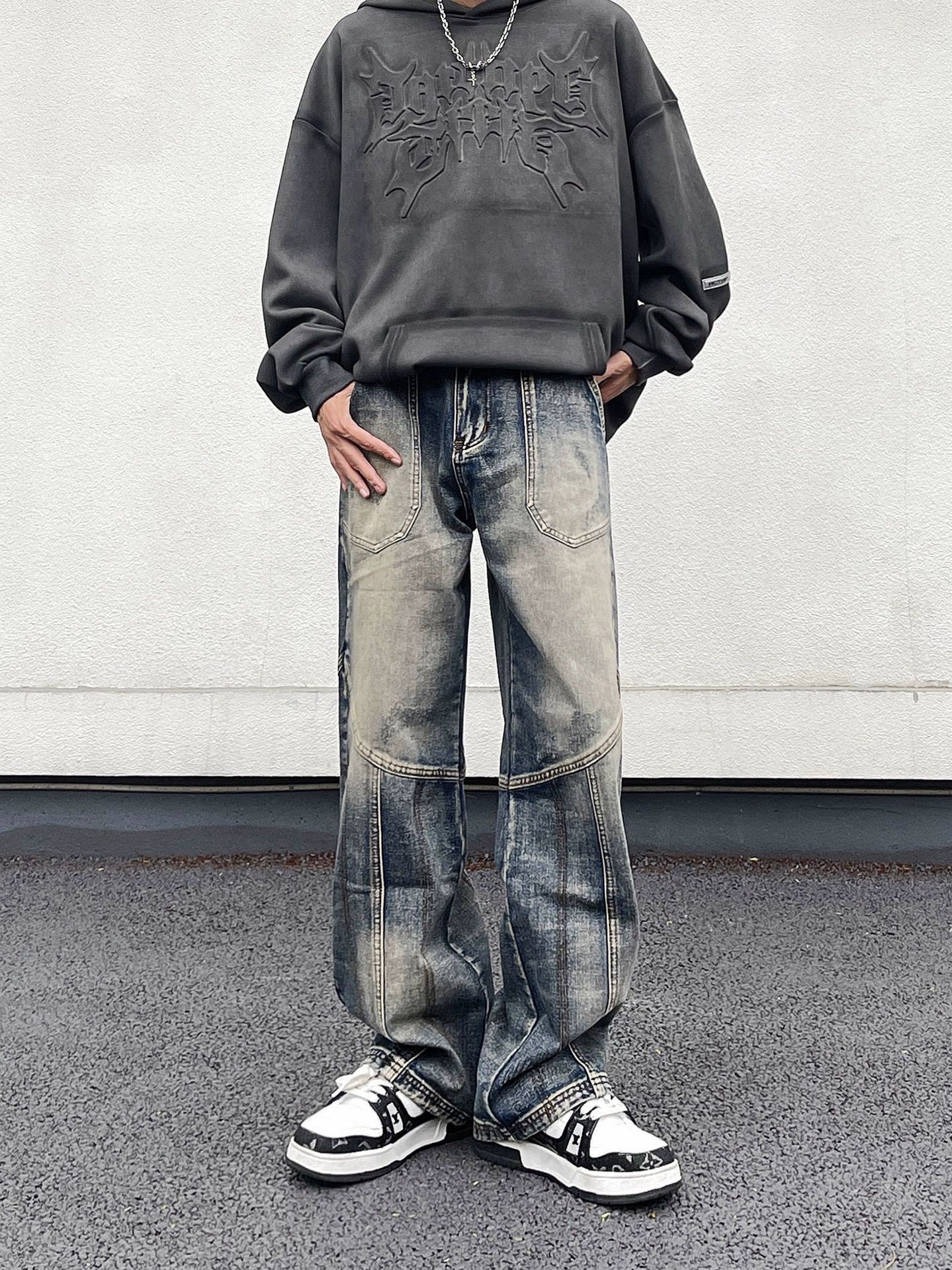 Japanese Brand Street American retro men's loose wide-leg patchwork jeans Size US 32 / EU 48 - 2 Thumbnail